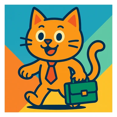 happy cat wearing a tie and carrying a briefcase, fun colorful style sticker