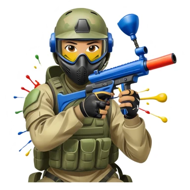 A paintball player in full gear, aiming a paintball gun with focus and determination. The scene includes vibrant splashes of paint and a dynamic battlefield setting, emphasizing action, strategy, and teamwork in a competitive environment sticker