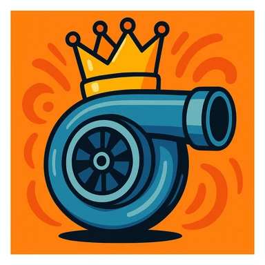 a turbocharger with a crown on top, cartoon style, bold colors sticker