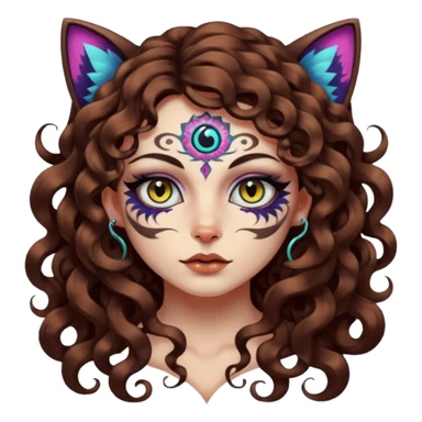 woman with long curly brown hair, brown eyes, white skin, tattoos, black cat with psychedelic spiral eyes mirroring hers sticker
