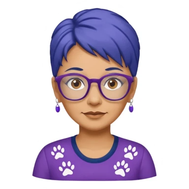50-year-old woman with hair that is navy blue, purple glasses, and brown eyes, in a shirt with small pawprints all over it. sticker