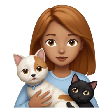 Girl with light brown hair, a few miles on her face, holding a white dog and a black cat  sticker