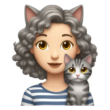 Grey cat with stripes sit near a girl with brown curly hair sticker