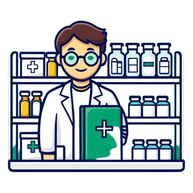 pharmacy shelves, pharmacist, dark green cross sign sticker