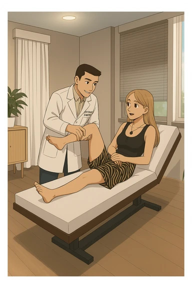 fai un webtoon/manga a colori con questo kinesiologo in camice bianco (fagli la scritta "ANTONIO ANANIA" SUL CAMICE) CHE SVOLGE UN TEST NEUROMUSCOLARE SOLLEVANDO UNA GAMBA ALLA RAGAZZA CHE è STESA SU UN LETTINO BIANCO. STANZA SEMPLICE E MODERNA, DURANTE IL TEST I DUE DIALOGANO TRA LORO. NON FARE I FUMETTI, FAI SOLO LORO COME SE DIALOGASSERO sticker