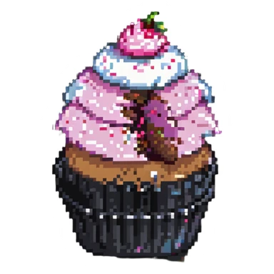pixel art cupcake with pink icing and a bite taken out sticker