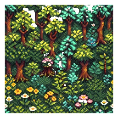 springtime forest with blooming flowers and green foliage in pixel art style sticker