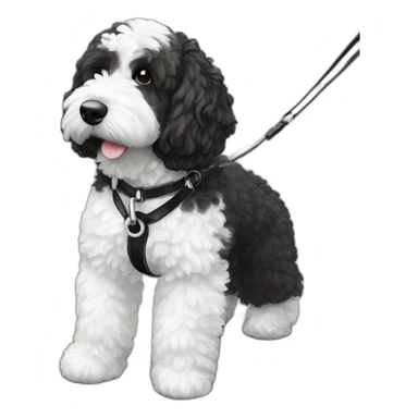 medium sized black and white ausssiedoodle on a leash sticker