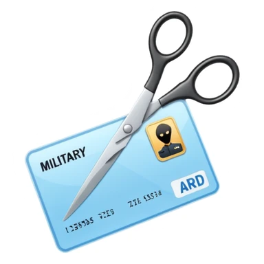 Floating black Scissors cutting a light blue military ID card in 2 parts .hyper realistic sticker