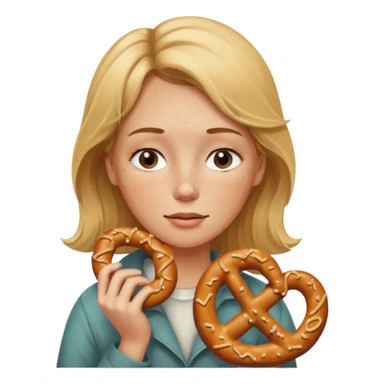 One eye closed, Dirty blond woman, fair skin with freckles,  holding pretzel sticker