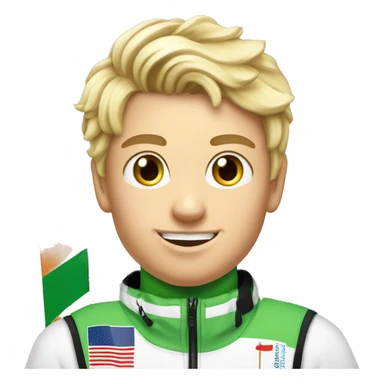 18 year old blonde boy ski racing World Cup with slalom poles wearing a bib that says Rowmark. sticker