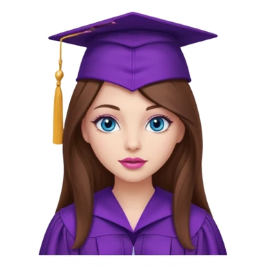 girl with beautiful very long brown hair, blue eyes, long lashes makeup, sexy pink lips, wearing a purple graduation cap and gown sticker