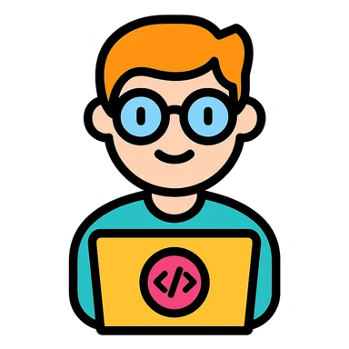 IT nerd with glasses using a laptop, playful, modern icon style, colorful lineal icon with black outlines sticker