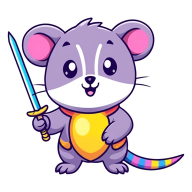 A colorful possum holding a glittery sword, rainbow sparkles, vibrant neon colors, cute big eyes, with stars and hearts background sticker