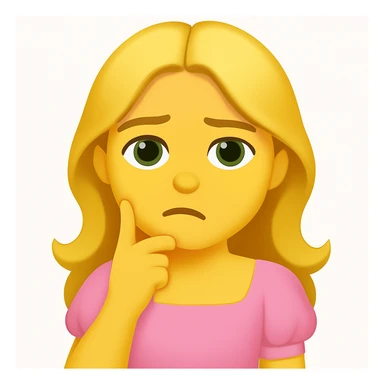 Create an iOS emoji style image of a blonde with long hair, green swamp eyes, and a pink pastel dress with a thoughtful expression. Keep all facial features, clothes, and hairstyle from the reference image. sticker