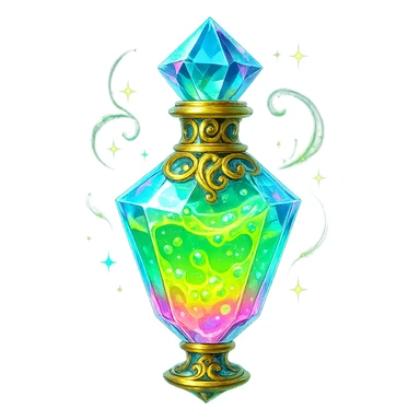very luxurious crystal liquid glowing slime style elixir bottle, bright colors, lots of shine, edges, ornaments, golden details, magical effects, very small golden neck, transparent background, beautiful seamless bottom, bottle clearly floating in air, no base or shadow, premium class, playful, matching collection sticker