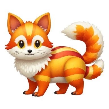 lush warm-colored Fakémon-Trico-creature (full body) with white cheek markings, white-striped tail sticker