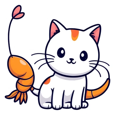 A cute hybrid creature with a shrimp body and tail but a cat's head with whiskers and ears sticker