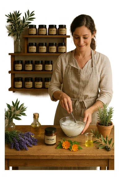 A realistic, high-quality photo of a small artisan skincare laboratory in Italy, with wooden shelves displaying beautifully packaged glass jars of natural creams made with herbal and botanical extracts, olive oil, and essential oils, clearly labeled ‘100% Natural’ and ‘Artisan Made in Italy’. The scene includes a bright, sunlit rustic workspace with plants, fresh lavender, rosemary, calendula flowers, and olive branches on the wooden counter, symbolizing purity and nature. A female artisan in a linen apron is carefully mixing creams in a glass bowl, smiling softly. The environment feels warm, authentic, and eco-friendly, emphasizing the concept of handcrafted skincare without synthetic chemicals sticker