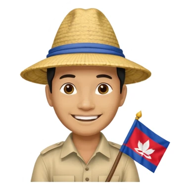 Cambodian man Tourist Guide with small cambodian flag in hand and traditional cambodian hat sticker