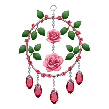Rose-pink-metal-chained rose-quartz-crystallic romantic delicate fine pretty suncatcher  with tiny red roses, silvery vines, tiny quartz crystals, sticker