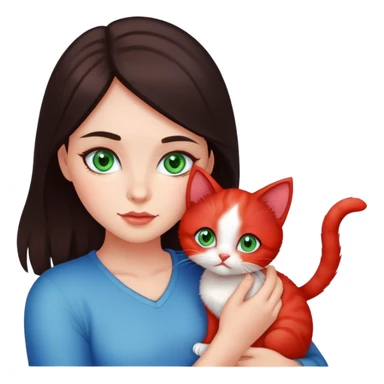 A girl with dark hair and green eyes is holding a red kitten with blue eyes sticker
