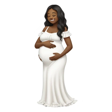 A pregnant girl with long dark hair in a white dress with ruffles looks at her pregnant belly, hugs it with her arms and smiles sticker