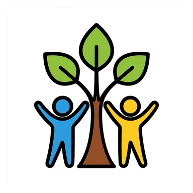 stylized tree with upward branches and young figures symbolizing growth, clean lines, blue green and yellow palette, empowering futures of the youth sticker