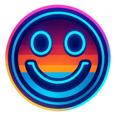 smiley face emoji in vibrant toon style with Tron 80's color palette and glowing effects sticker