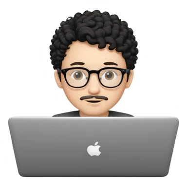 A young boy DEVELOPER WITH A laptop, black curly short hair, wearing glasses, a thin goatee, his skin is white sticker