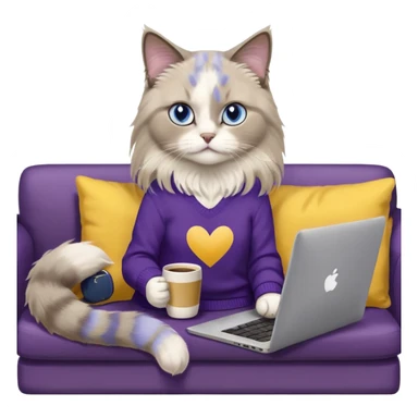 a cute blue eyed brown and white ragdoll cat with white paws and brown and beige tail wearing the dark violet sweater with yellow letteting "Milena" sitting on a grey sofa with grey laptop branded lettering "Lenovo" and drinking coffee sticker