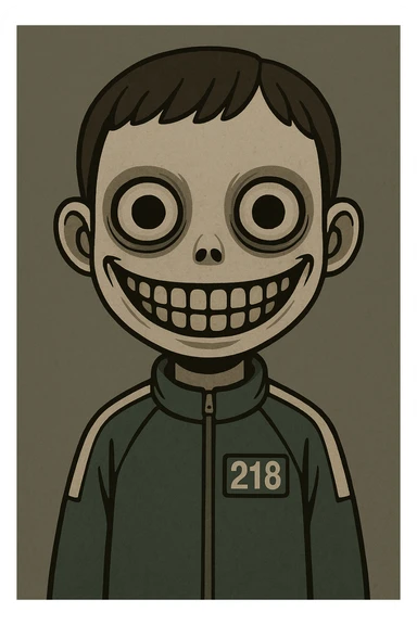 scary boy doll with a wide, unsettling smile, inspired by Squid Game, in a minimalist, unsettling cartoon style sticker