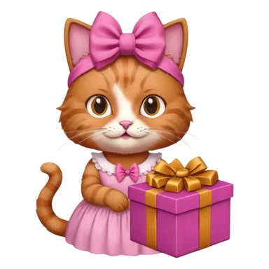 گربه ای سفسد نارنجی که جعبه شکلات دستشه لباسش صورتیه و پاپیون صورتی رو سرشه sticker