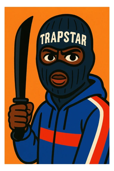 Black person with English appearance wearing a Trapstar balaclava, holding a black machete knife sticker