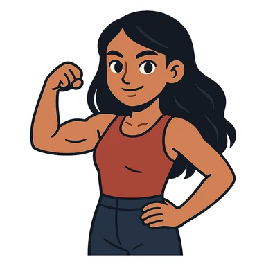 flat toon style strong girl with brown eyes, long slightly wavy black hair sticker