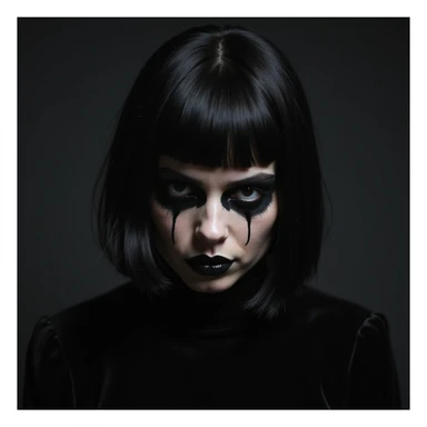 BLACKPINK inspired goth emoji, photorealistic style, black velvet, heavy black makeup, shadowy lighting, intense expression sticker