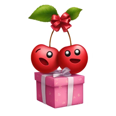 An emoji of two cherries hanging from a gift bow, with a delicate ribbon tying them together sticker