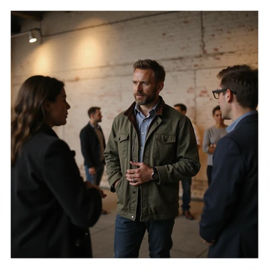 a person standing talking to a group sticker