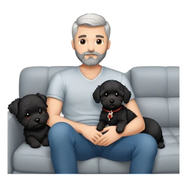 34 year old man with short straight grey hair and beard hanging out with his black cavapoo puppy with a white chest on the sofa sticker