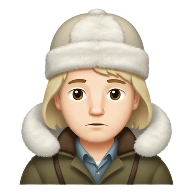 white boy with medium-length straight hair that almost curls at the ends, with a sleepy face and an ushanka sticker