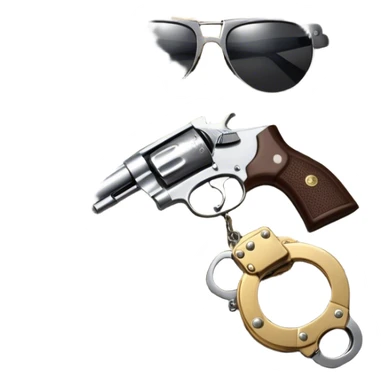 Icon for Action & Crime Reading: an open book, a revolver, handcuffs. Surrounding elements include a dark alley, a police badge, and a pair of sunglasses. The icon should evoke tension, suspense, and action.  Transparent background. sticker