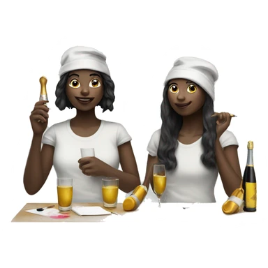 two girls one black and one once, dressed as painters with paint brush and paint all over drinking champagne sticker