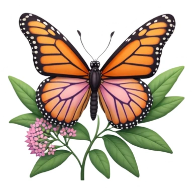 very detailed milkweed plant with a monarch butterfly, intricate cut paper textures, green leaves, pink and purple flower clusters, realistic orange and black butterfly sticker