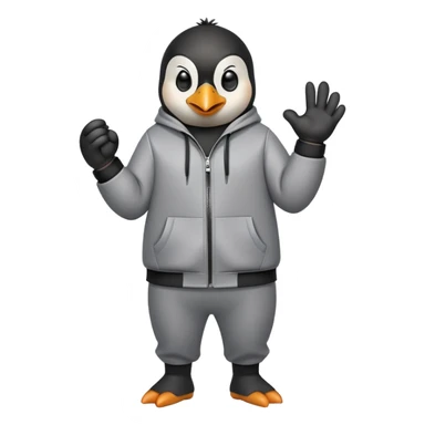 friendly anthropomorphised penguin wearing a mafia-style tracksuit, secretive scheming pose, soprano vibe, angry expression, walking quickly with a tense hurried stride, holding a knuckle duster sticker