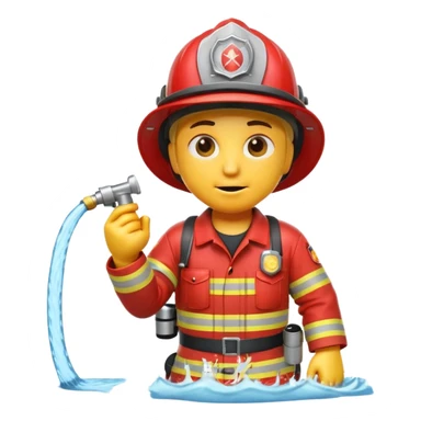 A 3D Apple-style yellow emoji character dressed as a firefighter in a bright red uniform and helmet, holding a fire hose spraying water forward, determined expression with cartoonish eyes, water splashing effect, clean minimal background sticker