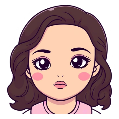 girl with light wheatish skin, dark brown long wavy hair, pouty shiny lips with berry lip gloss, large eyes with eyelashes, pink blush on cheeks, inner eye highlighted with white eyeliner, button nose sticker