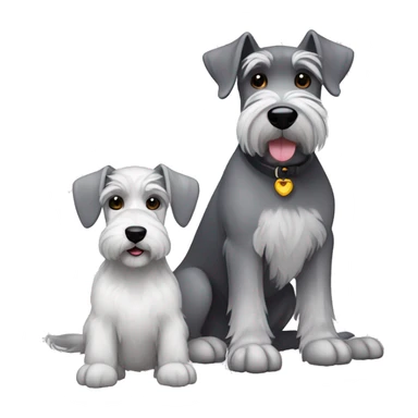 A big gray schnauzer with dark eyes next to a small all white puppy schnauzer sticker