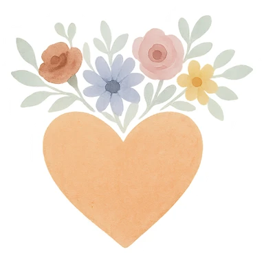 an orange heart with a crown of colorful flowers, watercolor style, soft and textured sticker