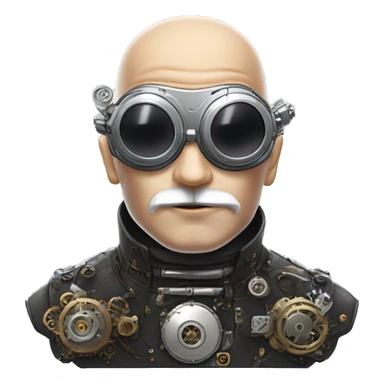 Bald cyborg head with silver steampunk goggles, white beard and circuits sticker