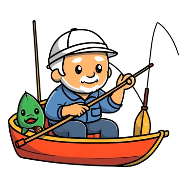 elderly fisherman sitting in boat with fishing rod sticker